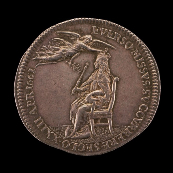 King Charles II Enthroned, being Crowned by Peace [reverse], 1661.