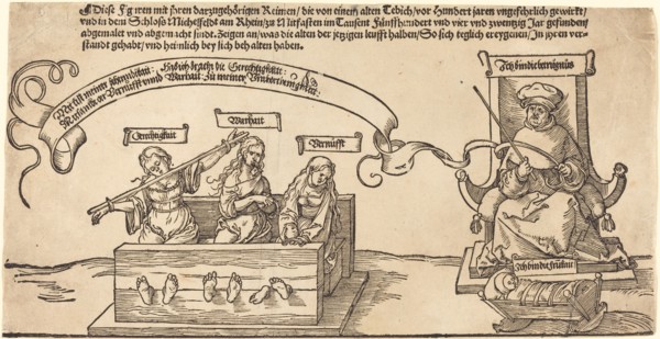 Justice, Truth and Reason in the Stocks with the Seated Judge and Sleeping Piety, probably 1526.