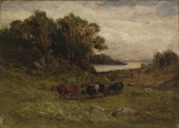 Untitled (five cows grazing with trees and river in background).