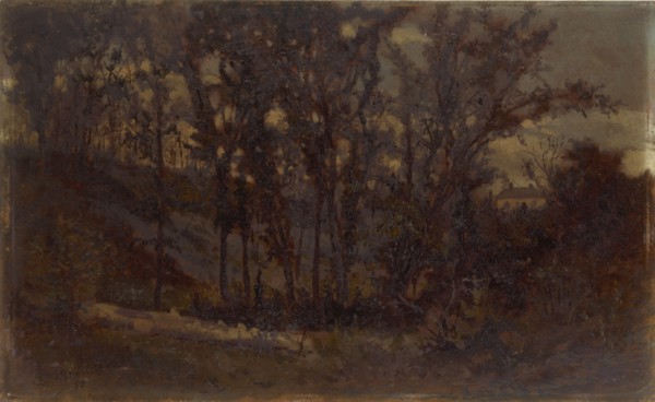 Untitled (forest scene, fallen tree in foreground and house in background), 1873.