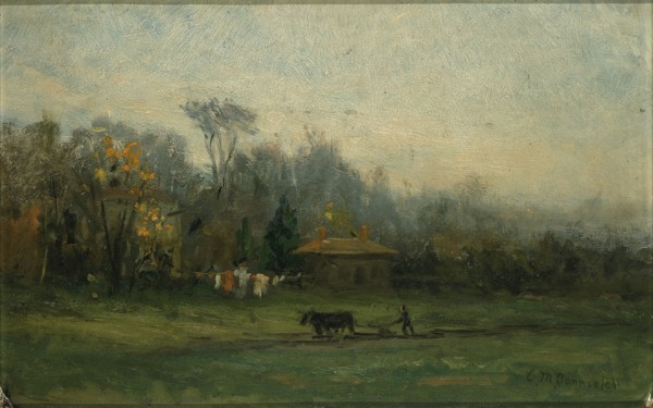 Untitled (landscape with man plowing fields), n.d.