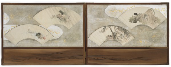 Four fan paintings mounted on a screen; "Frog on Lotus Leaf", "Scholar in a House", "Landscape", and "Boat and Rock", frog, ca.1814-15; scholar, ca. 1801-03; landscape, ca. 1825-30; boat, ca.1841. Pos...