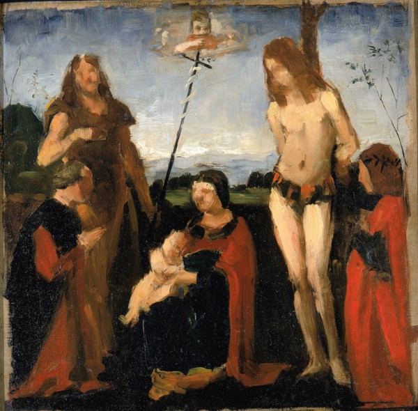 After Boltraffio, "Sacra Conversazione", 1878-1882. Virgin and child with John the Baptist, Saint Sebastian, and the patrons of the painting, Giacomo Marchione de Pandolfi da Casio and his son Girolam...