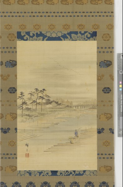 River-landscape: lumber yards and rafts, mid 19th century. Possibly by Utagawa Hiroshige II.