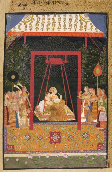 Rao Ram Chandra of Bedla on a swing, ca. 1740s. Attributed to Shahji.