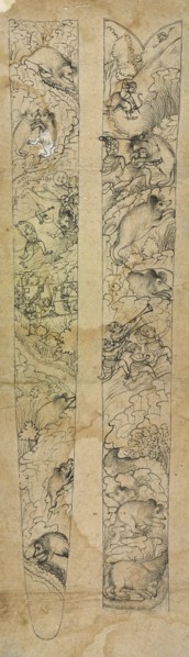 A raja hunting wild boars, design for a scabbard, ca. 1750-1760. Attributed to Shevdar Gangeyagi.