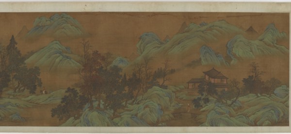 Landscape with buildings and travelers, 17th century. Formerly attributed to Zhao Bosu.
