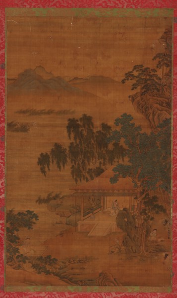 River landscape: a man in a pavilion under large trees, 16th-17th century. Formerly attributed to Zhao Yong.