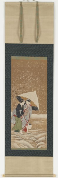 Two girls under umbrella in snowstorm, 1753-1806.