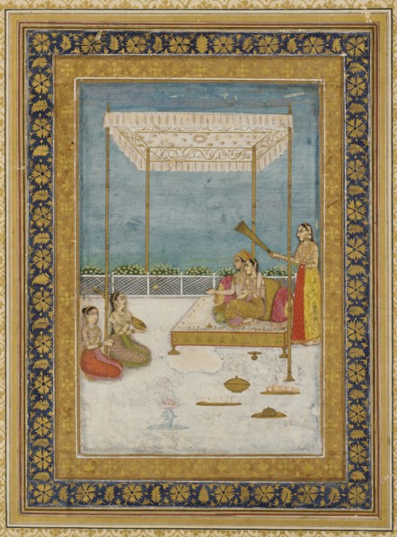 Lovers on a terrace, with an attendant and musicians, 18th century.