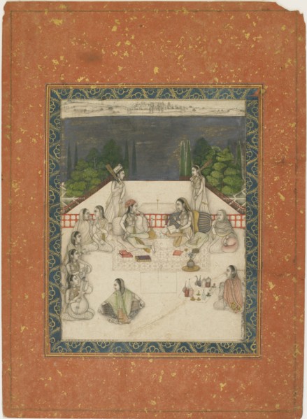 Two women seated on a terrace, surrounded by attendants and musicians, ca. 1650.
