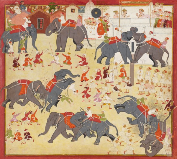 Maharana Raj Singh observing an elephant fight, ca. 1670-1675. Creator: Unknown.