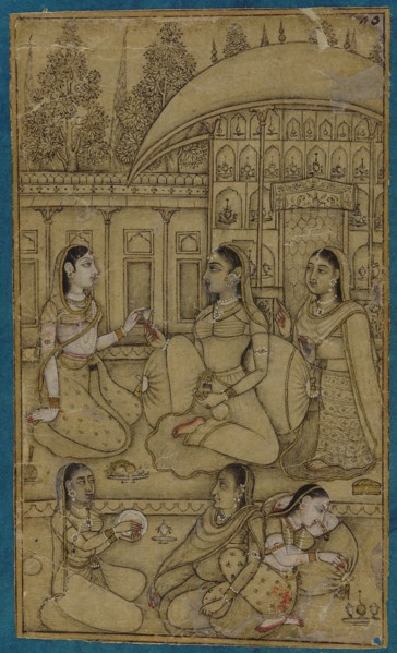 A lady and attendants seated in a courtyard, early 18th century.