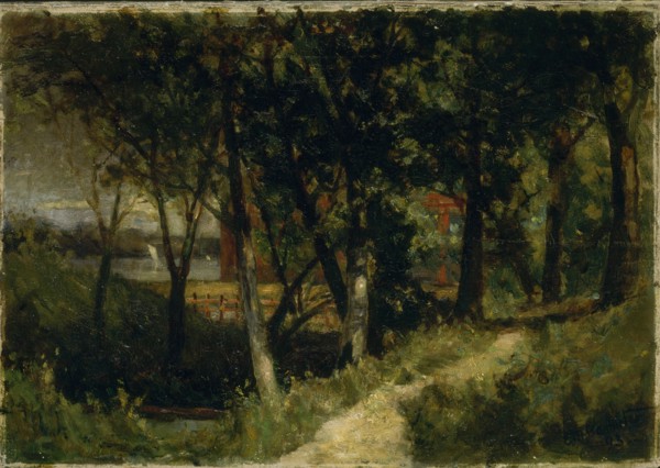 Untitled (landscape, forest scene with red fence and building), 1893.
