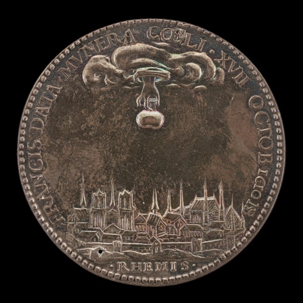 Hand Holding Sacred Ampulla over Rheims [reverse], 1610.