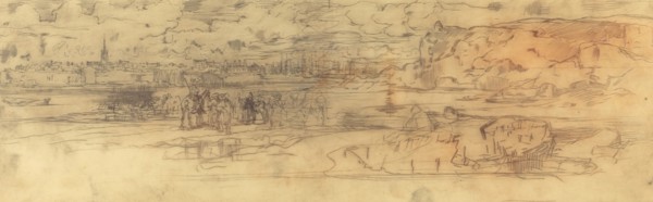 Estuary with a Fortified Seaport at Left and Cliffs at Right, c. 1882.