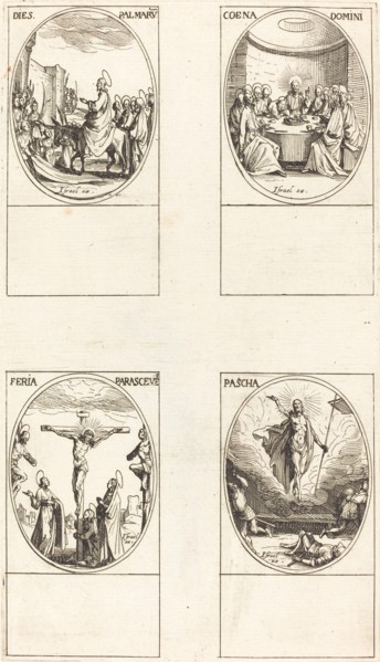 Entry into Jerusalem; Last Supper; Crucifixion; Resurrection.