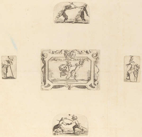 Soldiers. [Swordfighting and mythological scene].