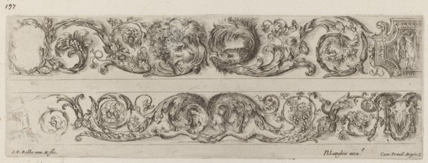 Two Ornamental Bands with Facing Heads of Lion and Eagle, and Two Rams, probably 1648.