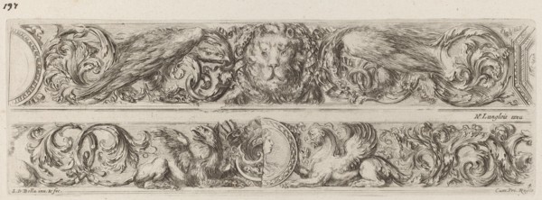 Two Ornamental Bands with Head of a Lion and Woman, probably 1648.