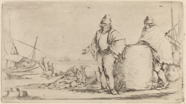 Two Sailors Standing near a Large Bale of Merchandise.