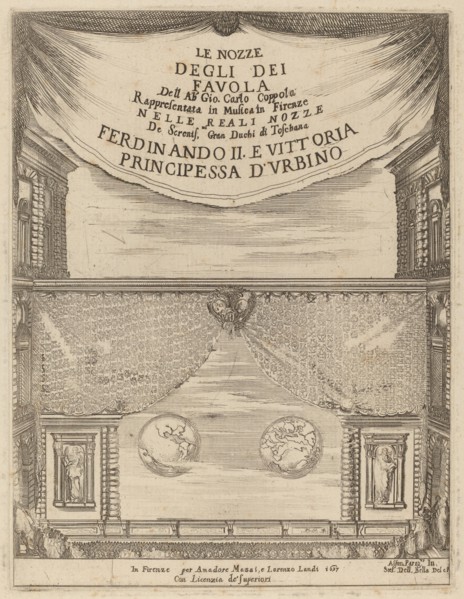 Le Nozze degli Dei: Frontispiece, 1637. [Le Nozze Degli Dei Favola dell'Ab Gio. Carlo Coppola. Rappresentata in Musica in Firenze Nelle Reali Nozze de Serenissimi Gran Duchi de Toschana Ferdinando II ...
