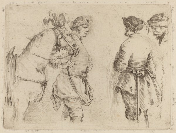 Pole Holding the Bridle of a Horse while Speaking with Two Other Men.