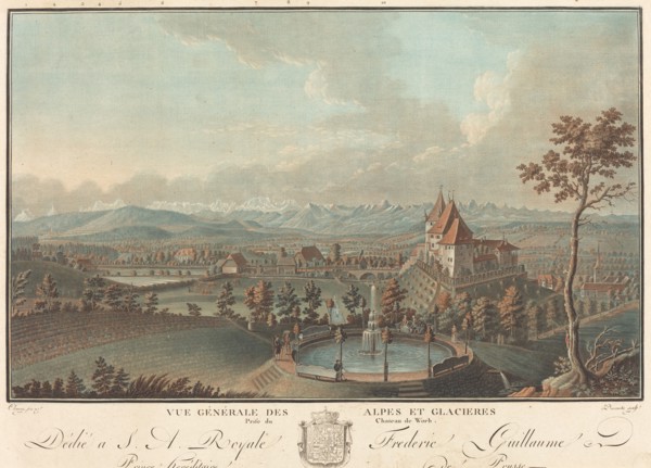 Vue generale des Alpes et Glaciers. [View of the Alps and glaciers from Worb Castle, Switzerland].