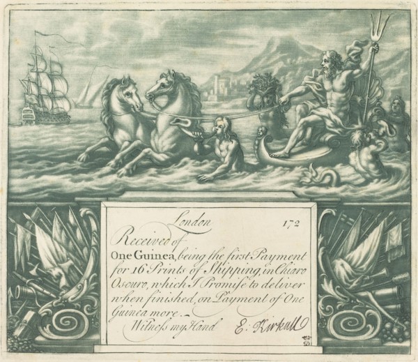 Subscription Receipt, 1720s. [Sea-god in chariot pulled by hippicamps].