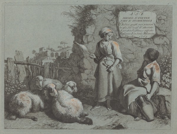 Two Girls Conversing: One Standing and Spinning, 1764.