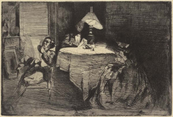The Music-Room, 1858. Deborah and Seymour Haden at left, with Haden's medical partner James Traer, 62 Sloane Street, Chelsea.
