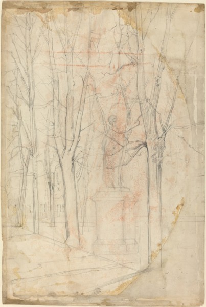 Sketch of Trees with a Statue on a Pedestal.