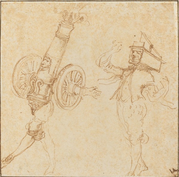 Two Men in Masquerade Costumes: A Cannon Firing and a Cat Inside a Mousetrap, c. 1645.