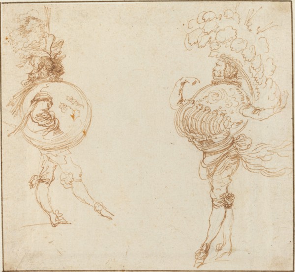 Two Men in Masquerade Costumes: The Earth and a Parade Helmet, c. 1645.