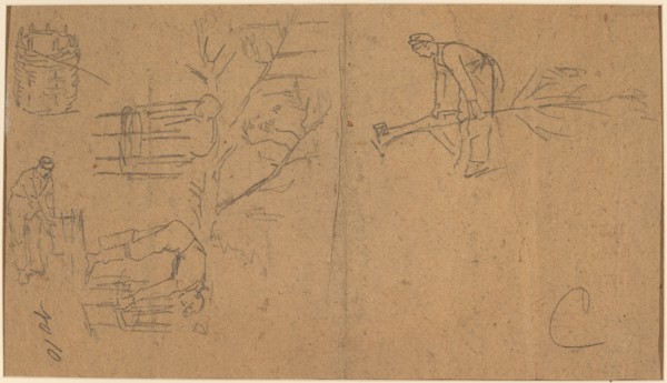 Soldiers felling sapling, and weaving saplings into baskets [verso], 1862.