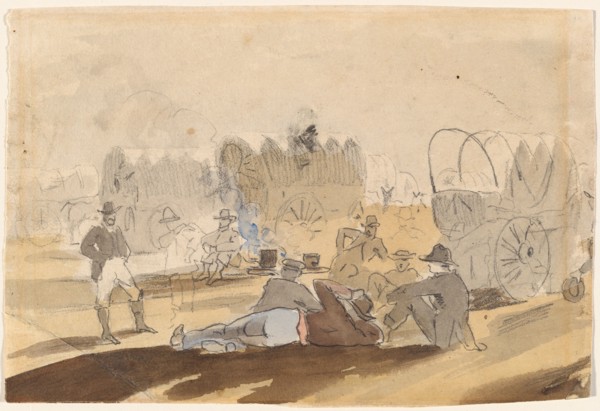 Caravan with Covered Wagons Resting [recto], 1861.