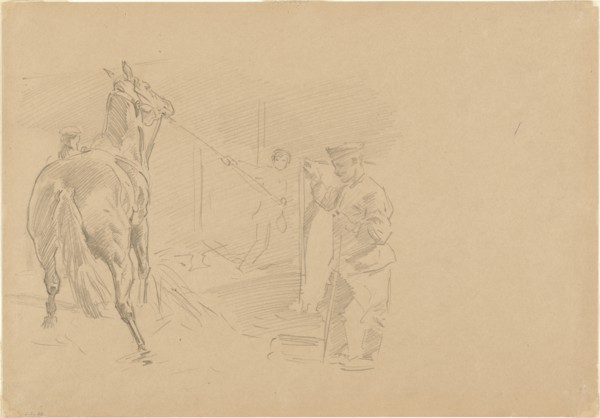 Man Pulling a Horse into a Stall, 1918.