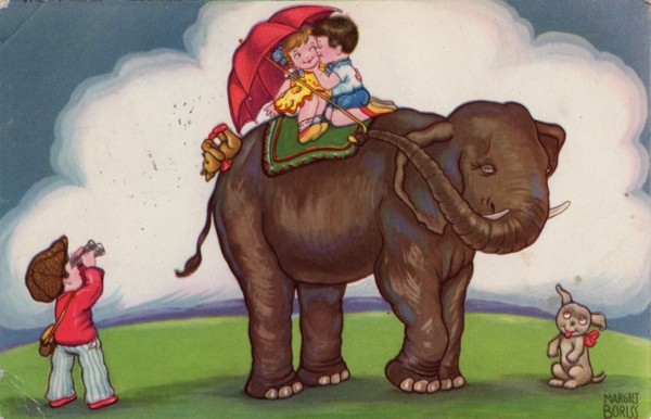 Children riding on an elephant, 1932.