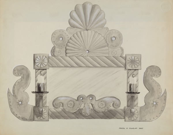 Tin Mirror Frame with 2 Candle Sockets, c. 1937.