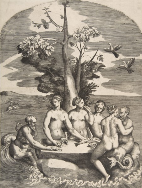 Two sea gods accompanied by four nymphs, 1531-76.