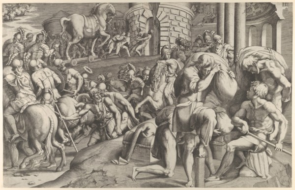 The Trojans hauling the wooden horse into Troy, 1545.