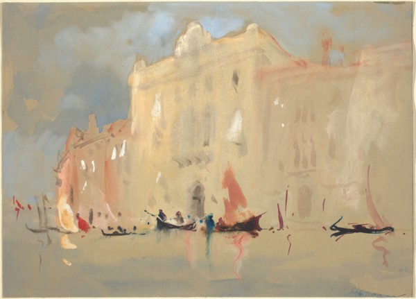 Gondolas Before a Palace on the Grand Canal in Venice.