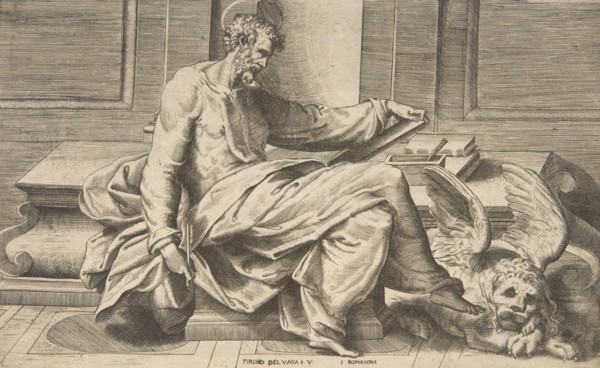 Saint Mark writing his gospel, winged lion at the right, 1531-76.