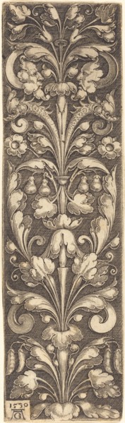 Sprig of Ornamental Foliage with Two Masks and Two Dolphins, 1530.