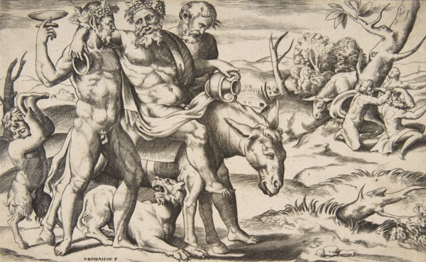 A drunken Silenus riding an ass being supported by satyrs, 1531-76.