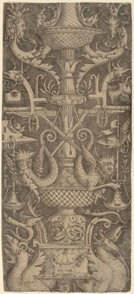 Ornament Panel with Dragons, Masks, and Instruments of War, c. 1505.