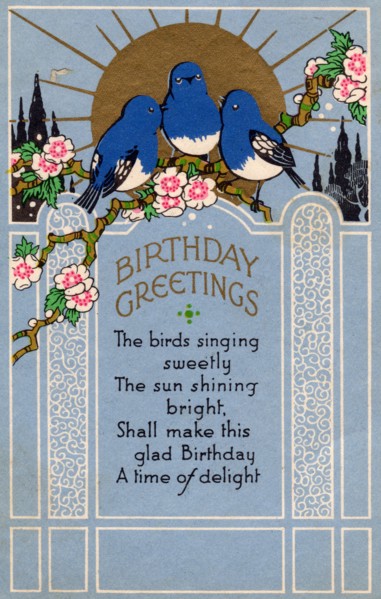 Birthday Greetings, 1933. Bluebirds on a branch of blossom, with poem.