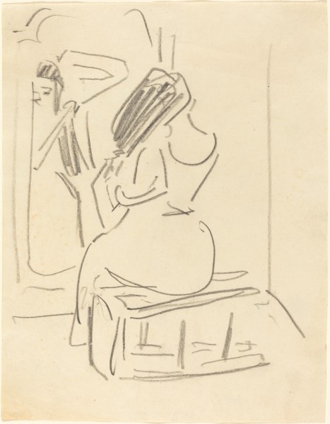 A Woman Combing Her Hair in Front of a Mirror, late 19th-early 20th century.