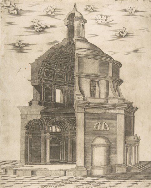 Exterior and interior section of a temple in Rome dedicated to Neptune, 1541.