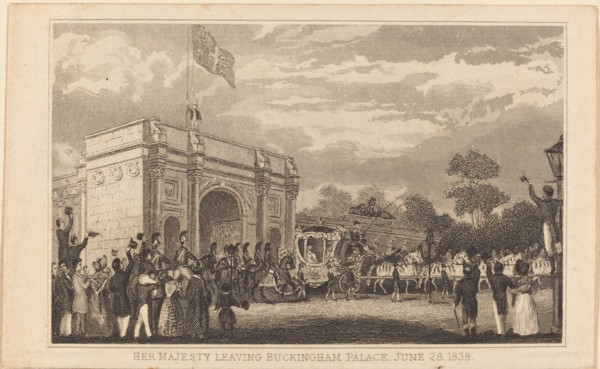 Her Majesty Leaving Buckingham Palace, June 28, 1838 [left half], 19th century.